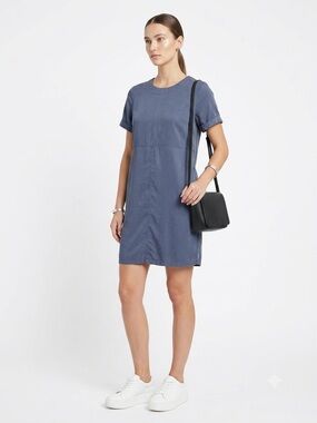 KINDLE $88 P2P 19” 100% Lyocell Slate Blue Short Sleeve Shift Dress w/ Pockets M